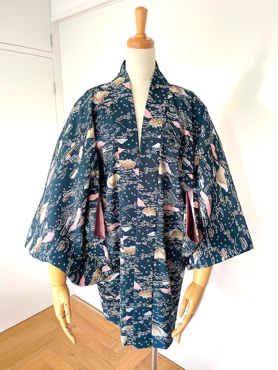 Vintage Blue Haori Jacket Silk Japanese Kimono, Silk Haori Vintage Blue Haori Jacket Silk Japanese Kimono, Silk Haori