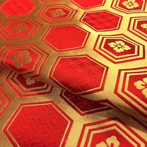 Japanese golden and red brocade fabric, kimono obi fabric, Japanese fabric, wall decoration, geometric japanese fabric, pillow case fabric
