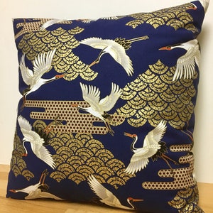 navy blue golden crane pillow case, 19 x 19 inches bedding pillow throw, Japanese golden fabric pillow cover, tsuru & waves pillow cushion image 2