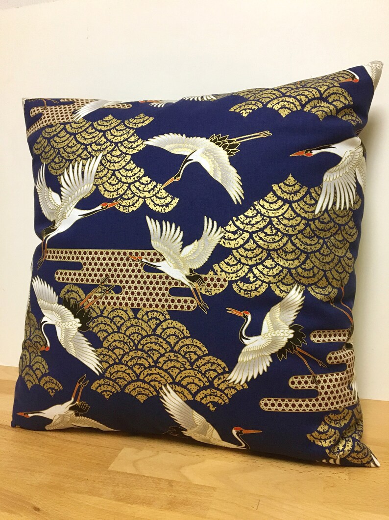 navy blue golden crane pillow case, 19 x 19 inches bedding pillow throw, Japanese golden fabric pillow cover, tsuru & waves pillow cushion image 2