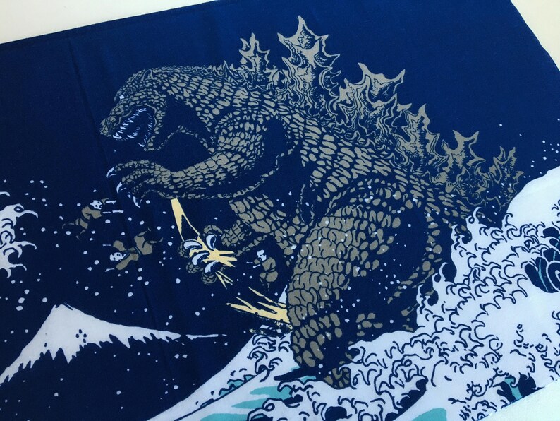 martial arts Godzilla tenugui fabric kendo bandana japan hokusai wave
