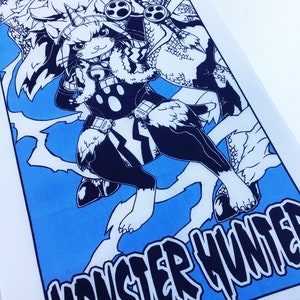 May include: A black and white illustration of a monster hunter with a cat-like creature on a blue background. The text "Monster Hunter" is written in black at the bottom of the image.
