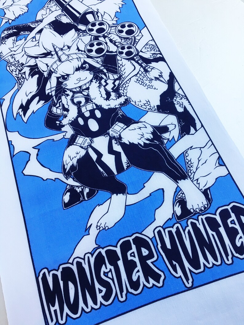 May include: A black and white illustration of a monster hunter with a cat-like creature on a blue background. The text "Monster Hunter" is written in black at the bottom of the image.