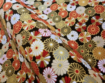 schwarz gold kiku Blumen Japanischer Baumwollstoff fat Quarter, Quilt Dekoration Tenugui japanischer Blumen Baumwollstoff, japanisches Gewebe japanischer Blumen Stoff japonais