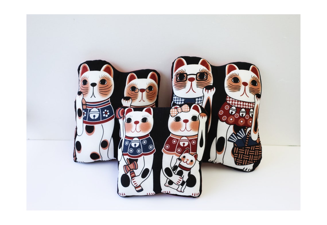 Maneki Neko Cat Throw Pillow Set Lucky Cat Japanese Pillow Etsy