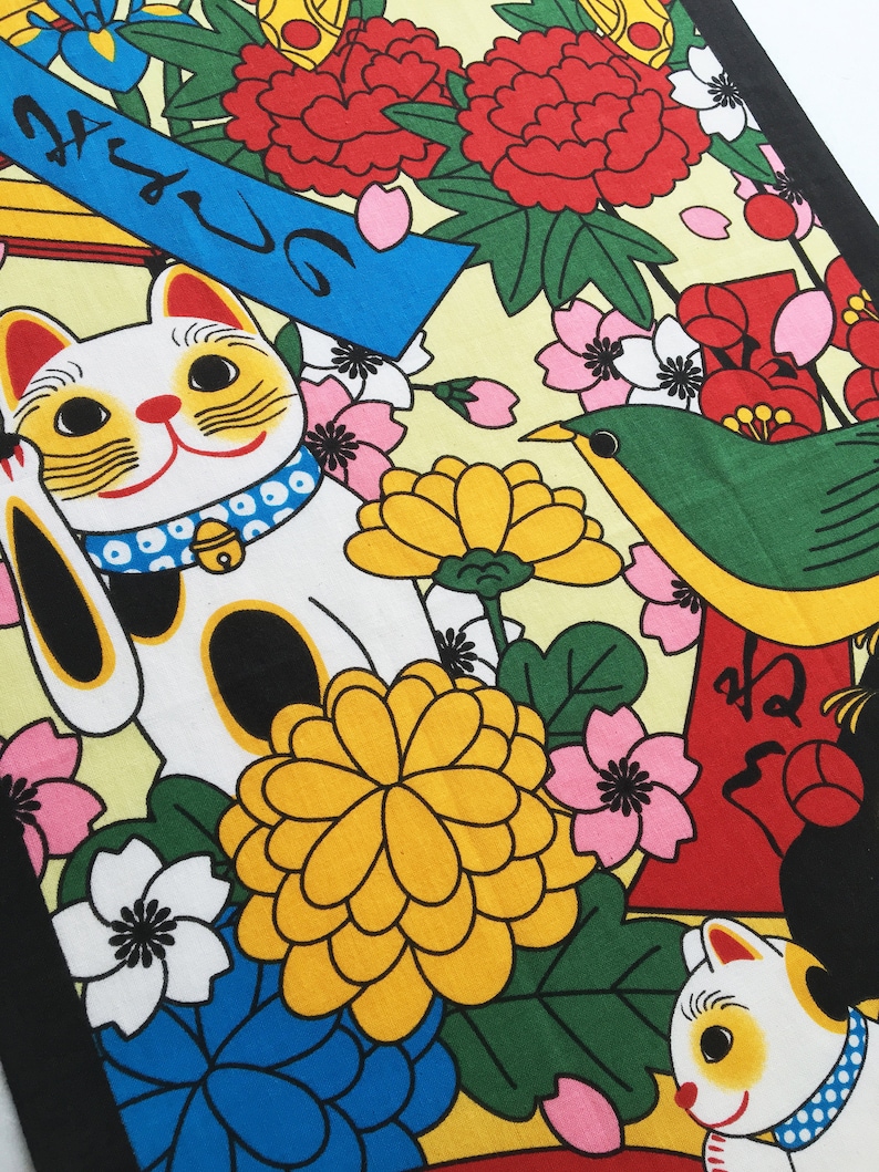 Japanese fabric Tenugui Maneki-neko Fortune Cats cat and flowers noren curtain kawaii fabric japanese tenugui cat home decor, cat fabric