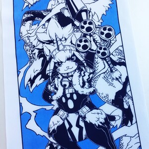 May include: Black and white line art illustration of a fantasy creature with a unicorn horn, wearing a fur-trimmed coat and holding a large weapon with multiple wheels. The creature is standing on a blue background with white clouds.