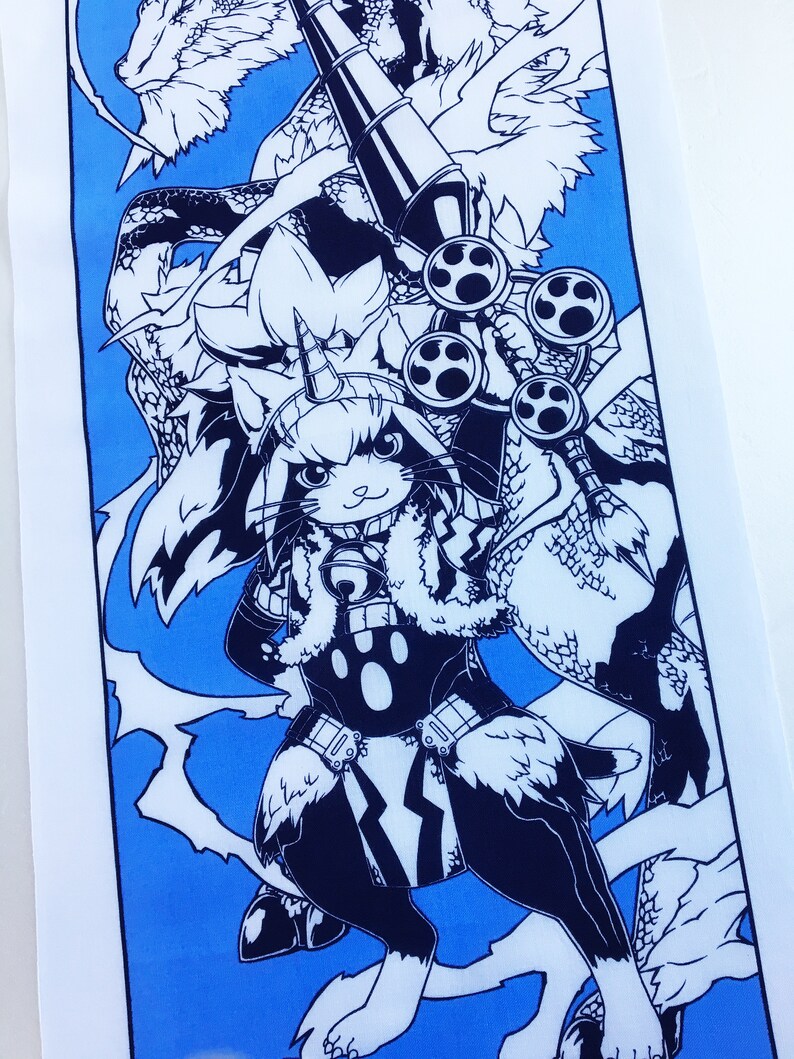 May include: Black and white line art illustration of a fantasy creature with a unicorn horn, wearing a fur-trimmed coat and holding a large weapon with multiple wheels. The creature is standing on a blue background with white clouds.