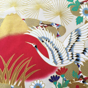 Japanese crane and mount fuji fabric, fabric by yard, kimono fabric, white floral Japanese fabric, wall decoration, quilt fabric, tissue image 4