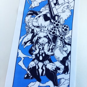 May include: Black and white illustration of a furry, cat-like creature wearing armor and holding a weapon. The creature is standing in front of a large, white dragon with a blue background.