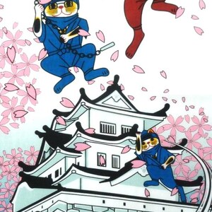 ninja maneki neko cats and a Japanese castle tenugui fabric