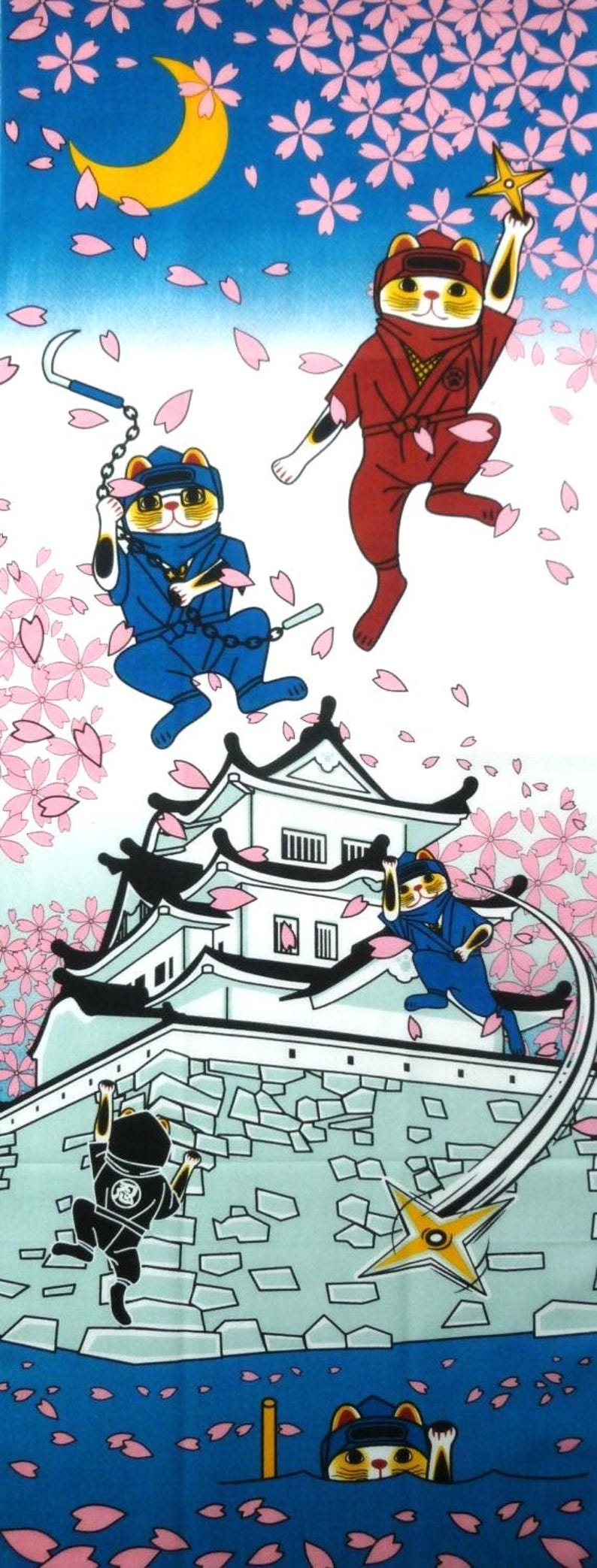ninja maneki neko cats and a Japanese castle tenugui fabric