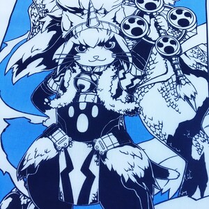 May include: A black and white illustration of a cat-like creature wearing a horned helmet and armor. The creature is standing on a blue background with white clouds.