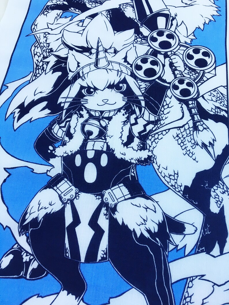 May include: A black and white illustration of a cat-like creature wearing a horned helmet and armor. The creature is standing on a blue background with white clouds.