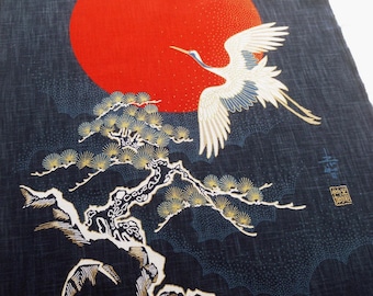 Sun crane tapestries fabric panel, Japanese crane fabric panel that can be used to make a noren curtain, pine tree fabric, oriental panel