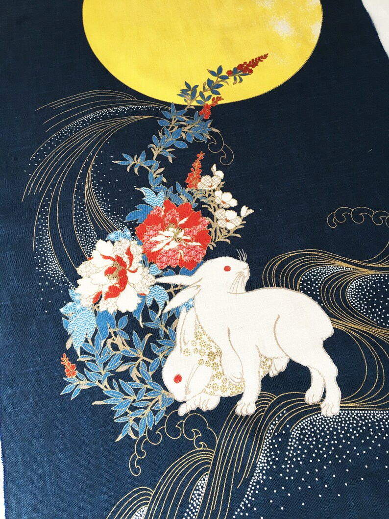 Japanese Bunny Panel Fabric Blue Rabbit Fabric Panel Wall - Etsy