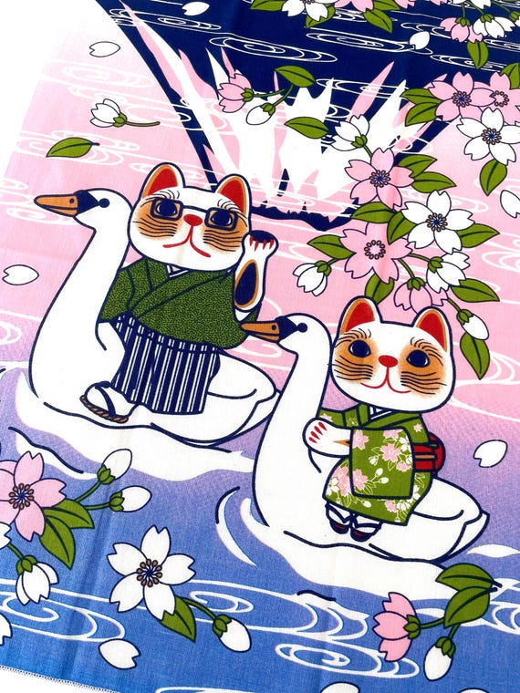 Swans and cats in the mount fuji Japanese Tenugui, Maneki-neko, kawaii fabric, cat décor, kitty wall art, sakura cats, sunset cats poster