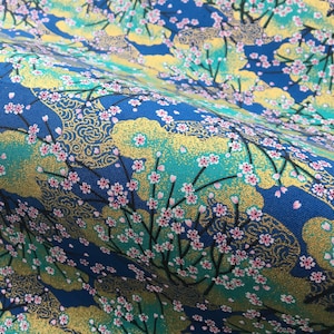 Blue and golden Japanese sakura fabric cotton half yard, cheery tree flowers quilt fabric Japanese flowers cotton fabric, tissue japonais