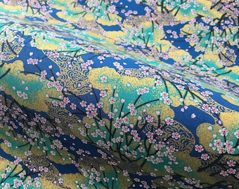 Blue and golden Japanese sakura fabric cotton half yard, cheery tree flowers quilt fabric Japanese flowers cotton fabric, tissue japonais
