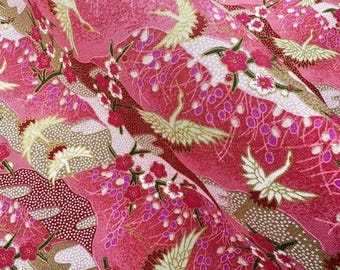 Japanischer Kranich Pink Floral Baumwolle Fat Quarter, Kawaii Stoff, Yukata Style goldenen Nuancen Stoff