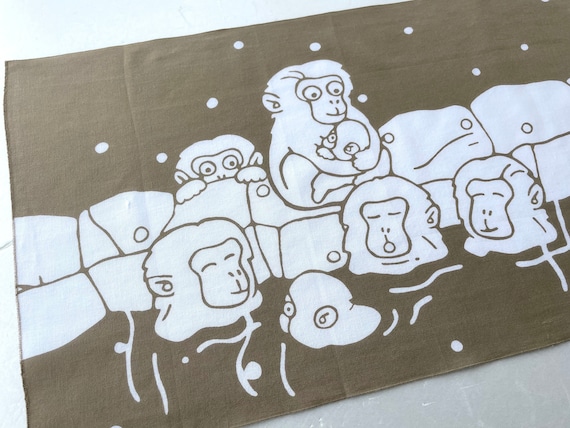 Japanese monkey tenugui, Japanese macaque fabric, onsen monkeys fabric, cute kawaii fabric, monkey nursery decor, kendo tenugui fabric