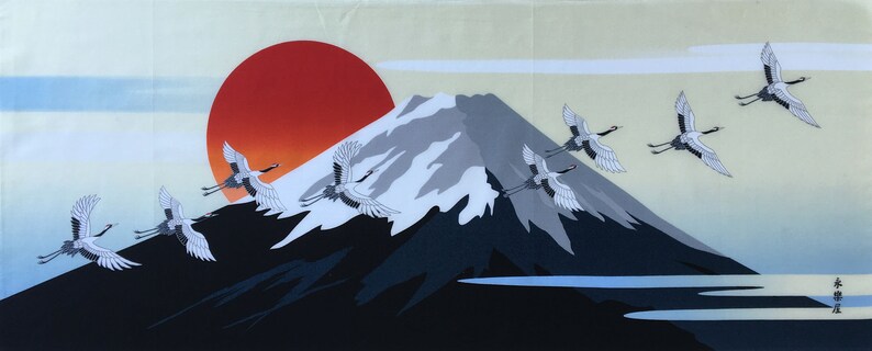 Japanese Tenugui Mount Fuji and Flaying Cranes Fabric, Crane Fabric ...