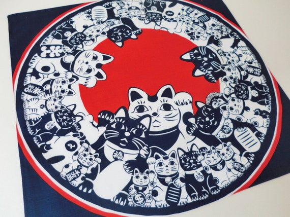 Japanese wrapping cloth FUROSHIKI HAPPY CAT MANEKI-NNEKO MADE IN JAPAN 
