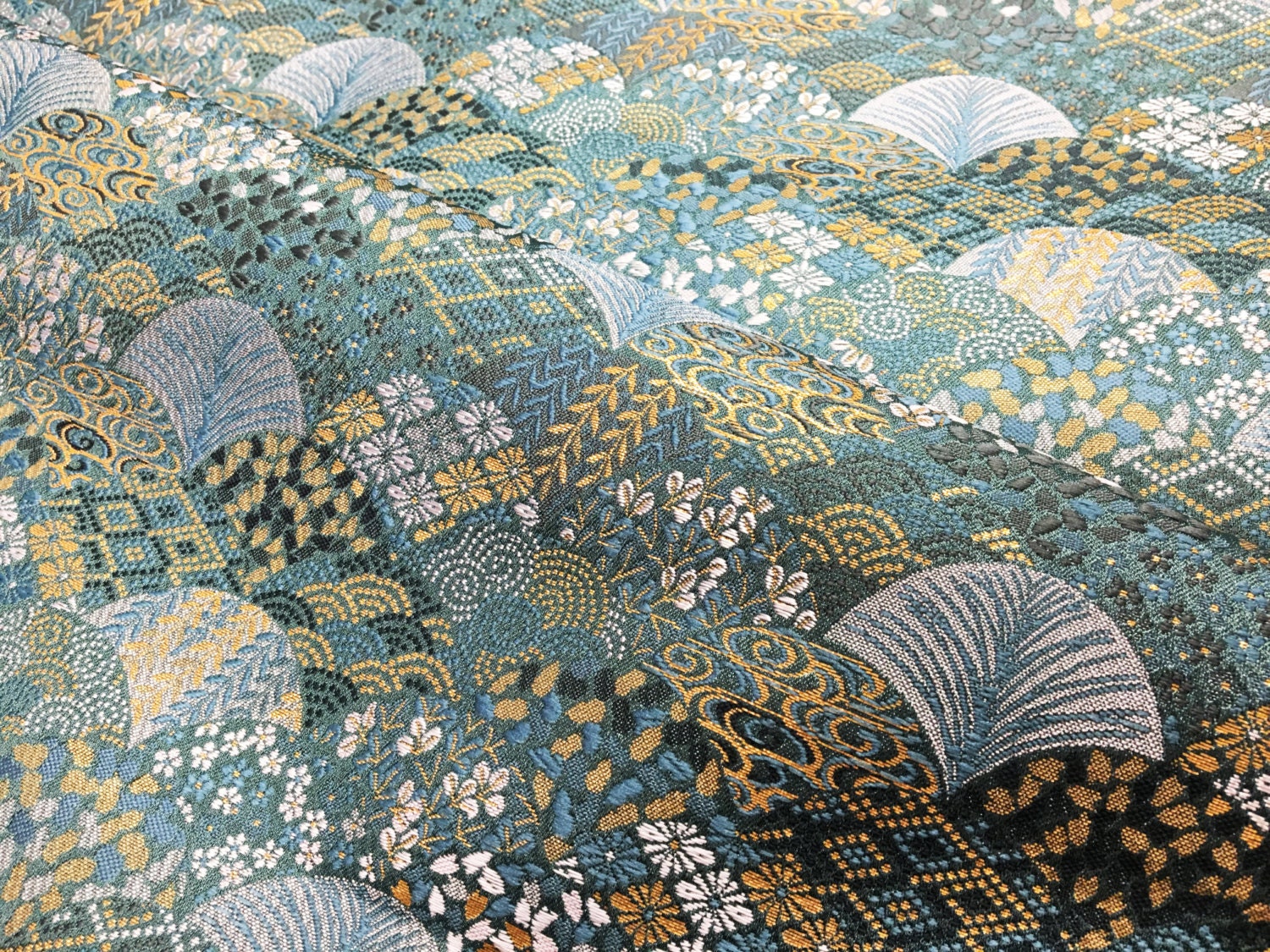 Japanese golden and blue brocade fabric kimono obi fabric | Etsy