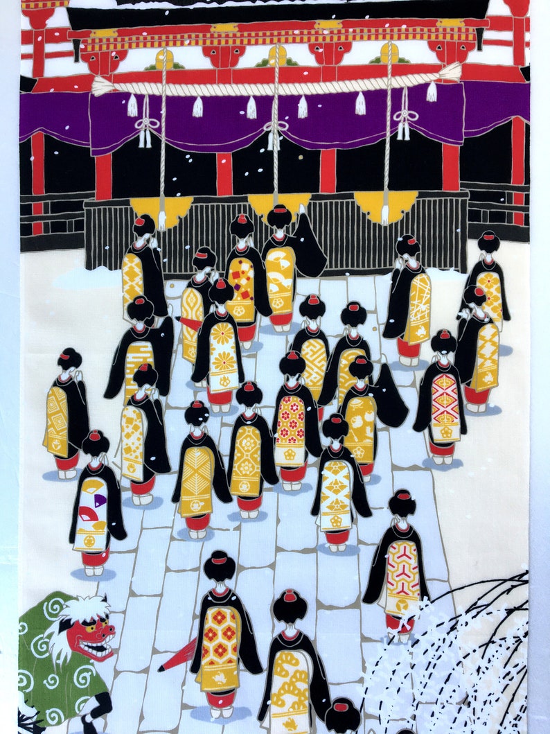 geisha in a kyoto temple geisha wall decoration noren panel kawaii fabric girl kimono Japanese Tenugui cotton fabric Geisha fabric panel
