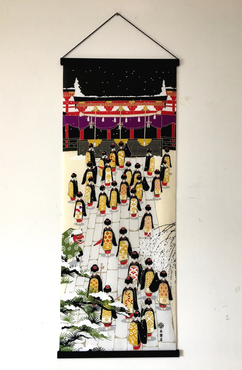geisha in a kyoto temple geisha wall decoration noren panel kawaii fabric girl kimono Japanese Tenugui cotton fabric Geisha fabric panel