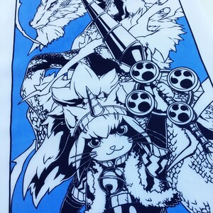 May include: Black and white illustration of a cat-like creature with a horn on its head, wearing a fur-trimmed outfit and holding a large cannon. The creature is standing in front of a dragon with a long, pointed snout and a large, scaly body.