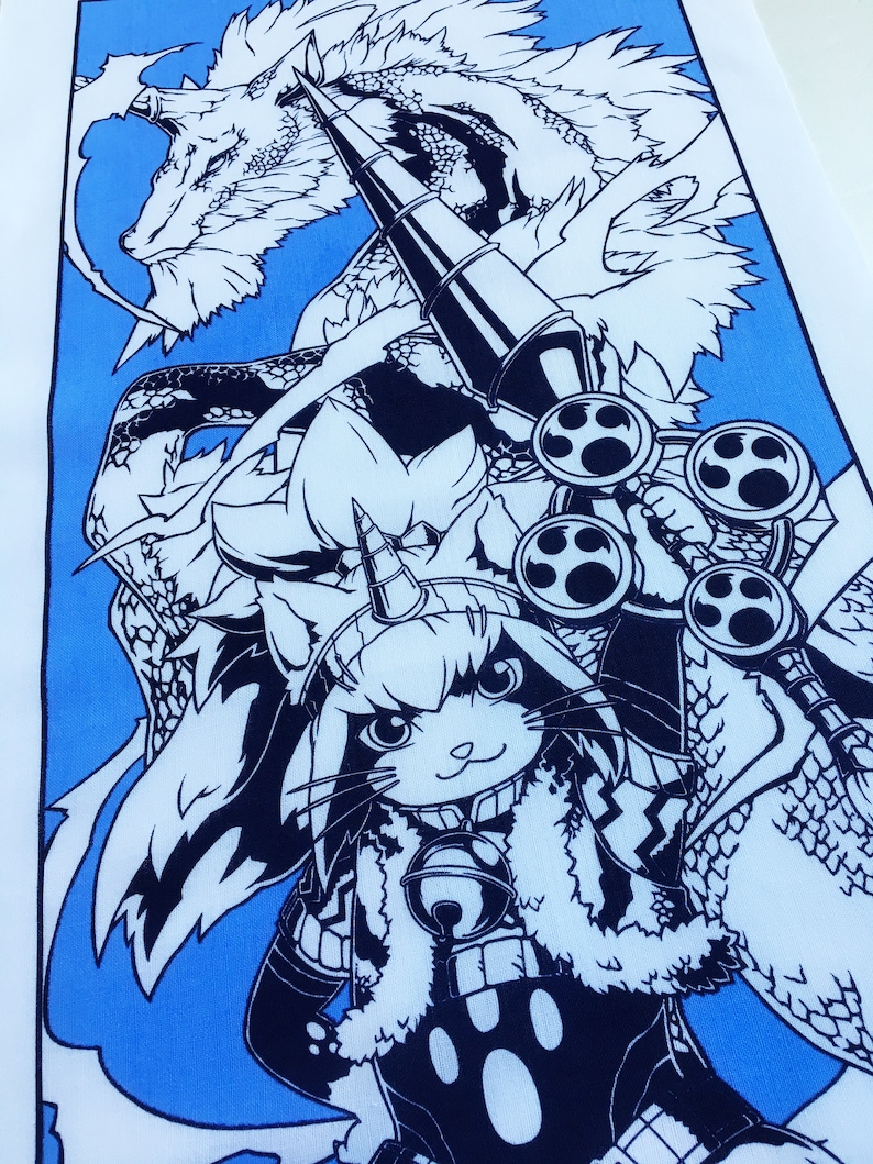 May include: Black and white illustration of a cat-like creature with a horn on its head, wearing a fur-trimmed outfit and holding a large cannon. The creature is standing in front of a dragon with a long, pointed snout and a large, scaly body.