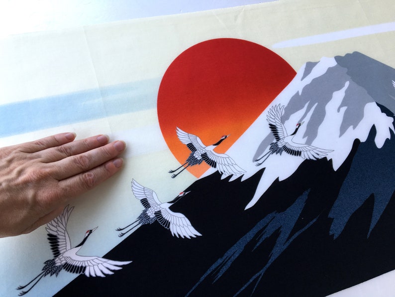 Japanese Tenugui Mount Fuji and Flaying Cranes Fabric, Crane Fabric ...