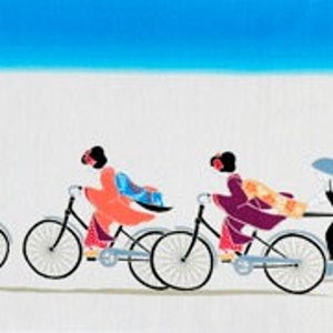 May include: An illustration depicts three figures in traditional Japanese attire riding bicycles, followed by a rickshaw. The figures wear colorful kimonos in blue, orange, and purple. The background is white with a blue sky.