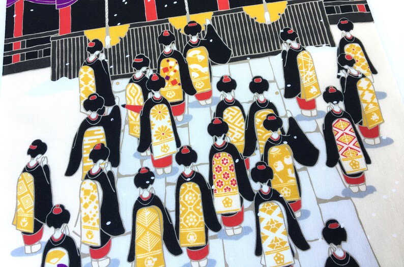 geisha in a kyoto temple geisha wall decoration noren panel kawaii fabric girl kimono Japanese Tenugui cotton fabric Geisha fabric panel