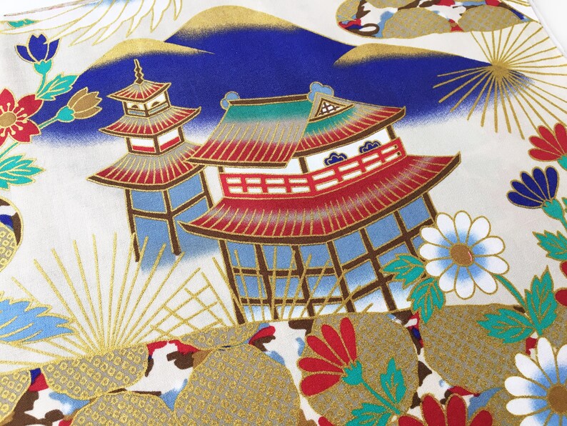 Japanese crane and mount fuji fabric, fabric by yard, kimono fabric, white floral Japanese fabric, wall decoration, quilt fabric, tissue image 6