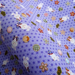 Purple rabbit fabric, Bunny fabric japanese cotton fat quarter, quilt decoration, oriental fabric by yard, tenugui Japanese kawaii fabric