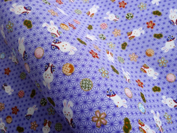 Purple rabbit fabric, Bunny fabric japanese cotton fat quarter, quilt decoration, oriental fabric by yard, tenugui Japanese kawaii fabric