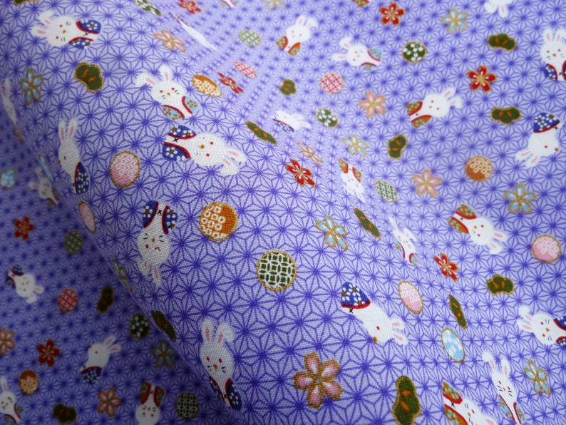 Purple rabbit fabric, Bunny fabric japanese cotton fat quarter, quilt decoration, oriental fabric by yard, tenugui Japanese kawaii fabric image 1