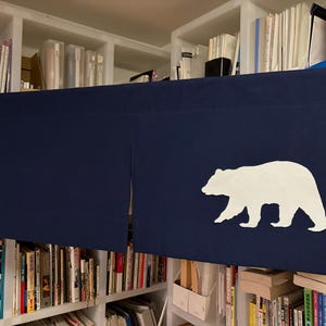 Blue Japanese noren curtain, Japanese bear window valence, Café curtains, order made Japanese restaurant noren curtains, curtain header