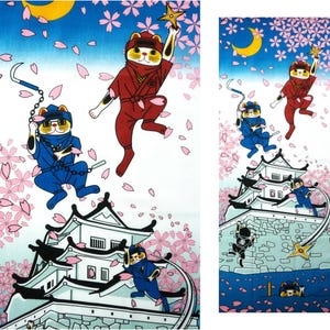 May include: A rectangular fabric panel featuring a vibrant illustration of cats dressed as ninjas in red and blue uniforms. The scene includes a white Japanese castle, a yellow crescent moon, and falling pink cherry blossom petals against a blue sky.