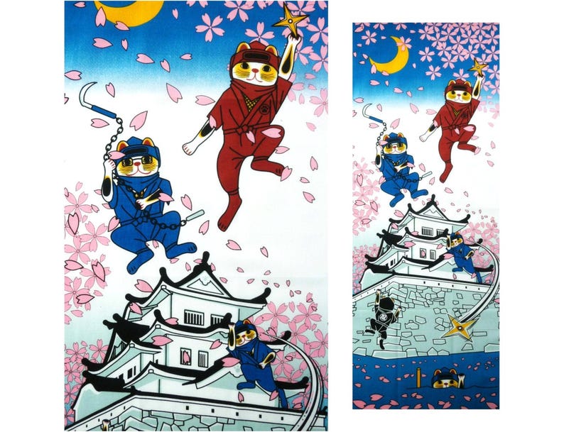 May include: A rectangular fabric panel featuring a vibrant illustration of cats dressed as ninjas in red and blue uniforms. The scene includes a white Japanese castle, a yellow crescent moon, and falling pink cherry blossom petals against a blue sky.