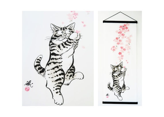 Japanese Cat Fabric Tenugui Black And White Cat Maneki Neko Etsy