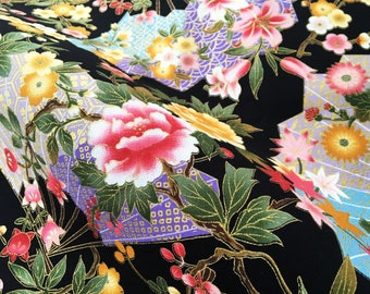 Japanese floral black fabric, Japanese fans and flowers black cotton fat quarter fabric, quilt Japanese cotton, yukata pattern fabric