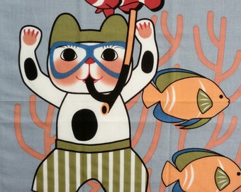cat's diving in the see Japanese tenugui, Maneki-neko Fortune Cats and fish, Japanese cat fabric, kawaii fabric, Tenugui cat fabric