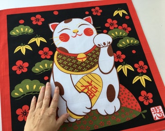 Maneki neko tela japonesa algodón furoshiki, tela de gato blanco y negro, decoración de edredón, envoltura de tela kawaii japonesa gato de la suerte, koban