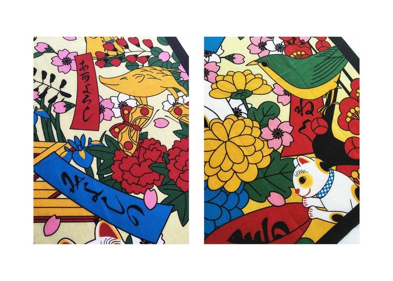 Japanese fabric Tenugui Maneki-neko Fortune Cats cat and flowers noren curtain kawaii fabric japanese tenugui cat home decor, cat fabric