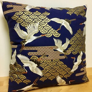 navy blue golden crane pillow case, 19 x 19 inches bedding pillow throw, Japanese golden fabric pillow cover, tsuru & waves pillow cushion image 3