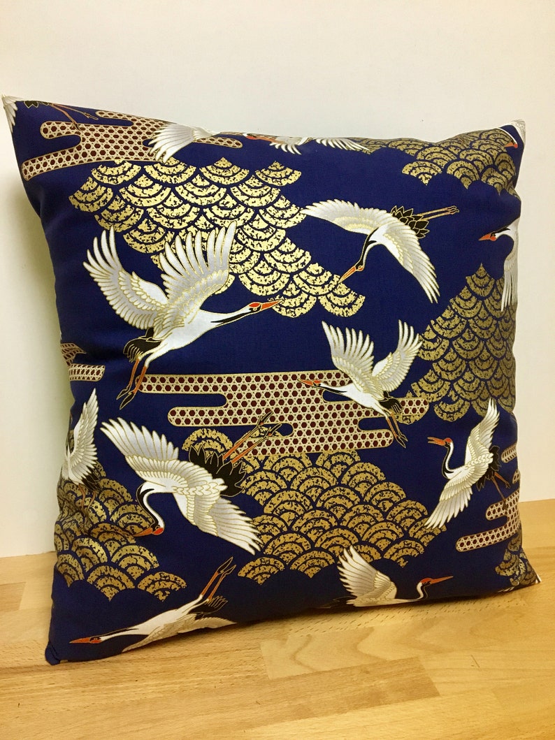 navy blue golden crane pillow case, 19 x 19 inches bedding pillow throw, Japanese golden fabric pillow cover, tsuru & waves pillow cushion image 3