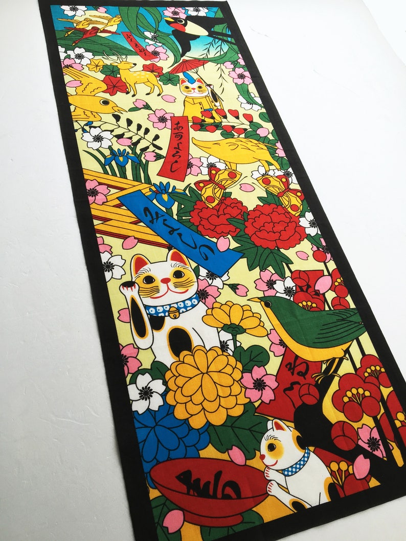 Japanese fabric Tenugui Maneki-neko Fortune Cats cat and flowers noren curtain kawaii fabric japanese tenugui cat home decor, cat fabric